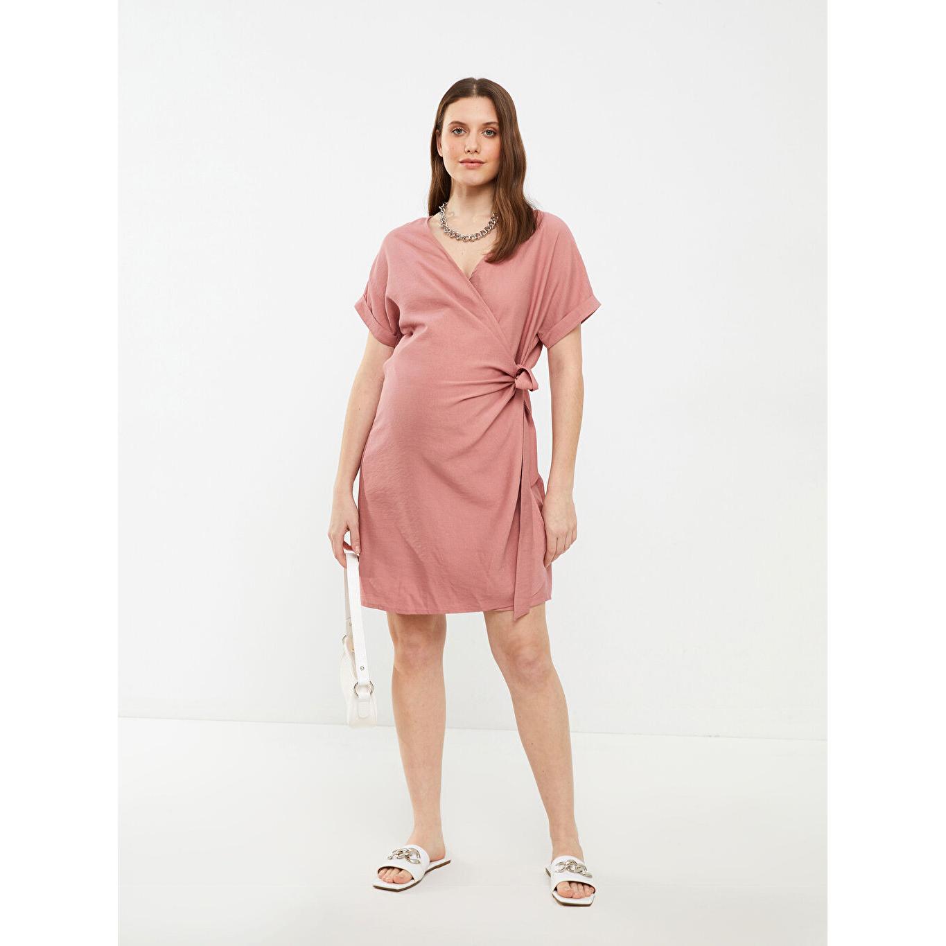 

Платье для беременных с двубортным воротником и простым галстуком с короткими рукавами Розовое