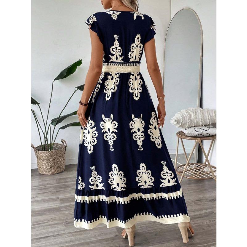 Maxi Abito da Donna Stampato Scollo a V Manica Vita Elastica Casual Boemo Estivo Abiti da Spiaggia