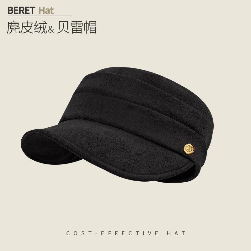 Round Label Pleated Suede Flat Top Equestrian Hat Women'S Season Warm Newsboy Hat Showing Face Ducktongue Beret