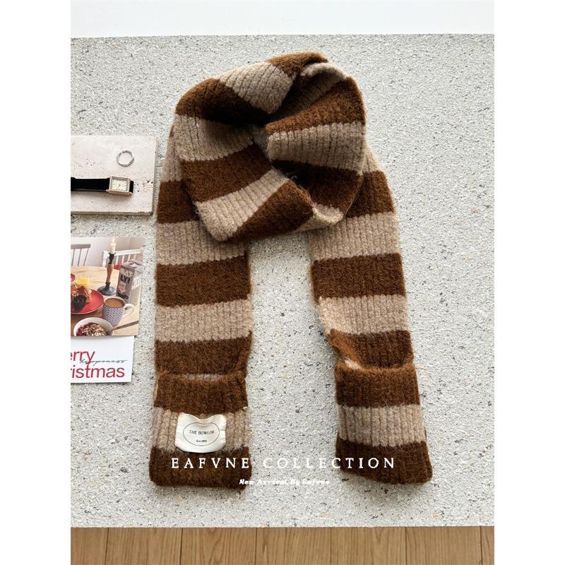 Black and White Striped Plush Small Scarf for Women Autumn and Winter Korean Style  Versatile Thickened  Warm and Cold Proof Narrow Scarf