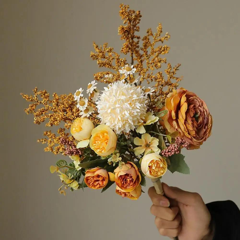 1pc Bright Colored Artificial Blooms Artificial Flower Bouquet Elegant Silk Floral Bouquets for Wedding Home Office Decor for Ta