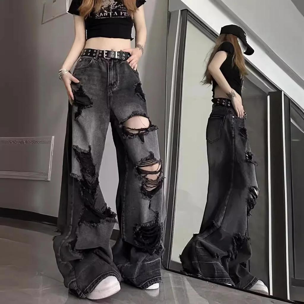 Einzigartige coole zerrissene Jeans Damen Sommer Distressed Amerikanischer Stil Schlaghosen Lockere Passform Vielseitige Straight Leg Lange Hose