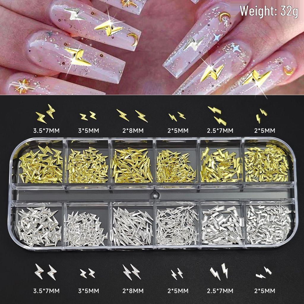 Gold & Silver Starburst Nail Art Set: Cross, Rivets & Lightning Elements