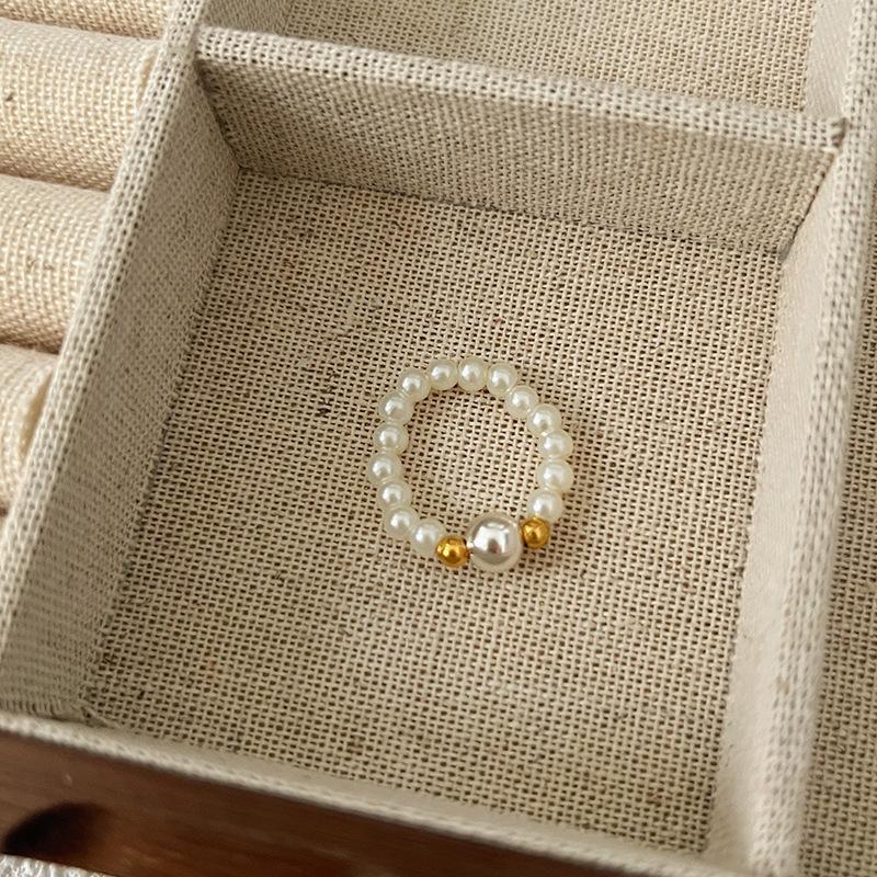 Pearl Beaded Ring Women's Elastic Rope Literary Stacking Index Finger Ring High-end Handmade Ring Jewelry