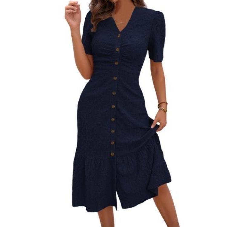 

Women Summer Casual V Neck Short Sleeve Maxi Beach Sundress Ruched Button Down Long A Line Swing Dress S темно-синий