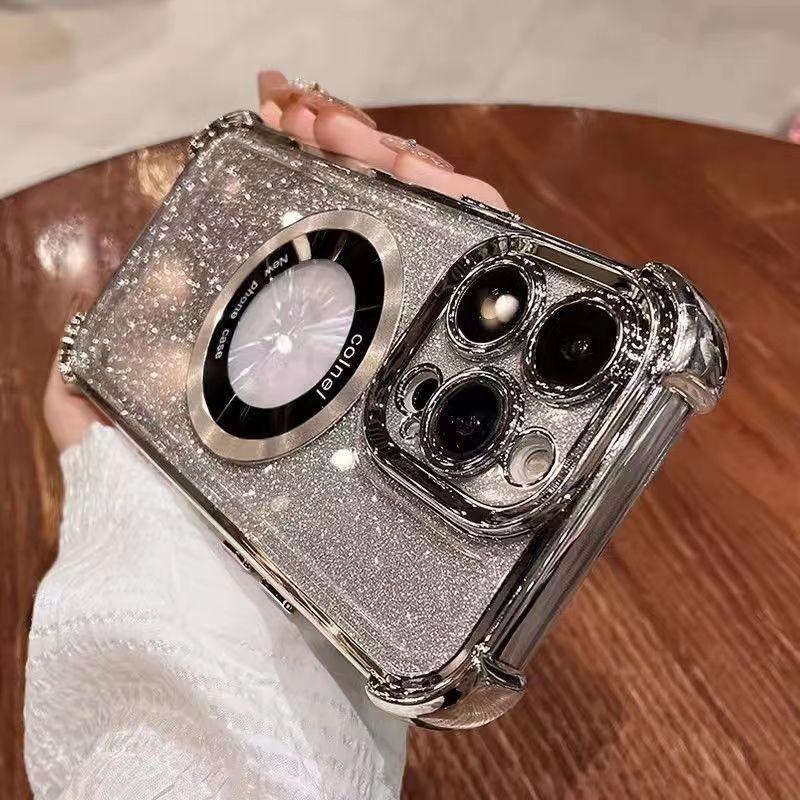 Luxury Magnetic Glitter Shockproof Phone Case For iPhone 16 15 14 13 12 11 Pro Max Plus Glass Lens Protection Acrylic Back Cover