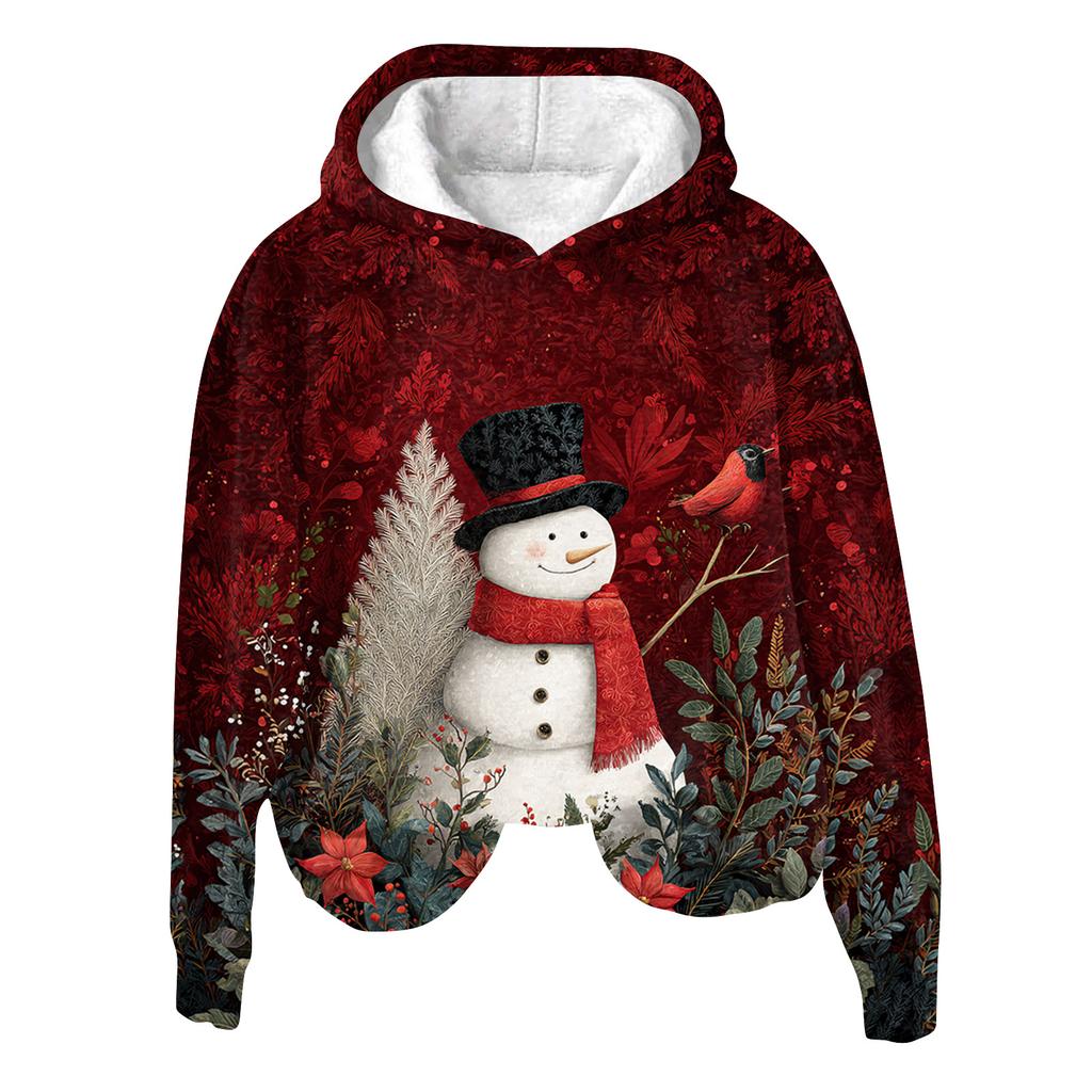 Women's Fashion Long Sleeve Christmas Print Loose Hooded Sweatshirt Top