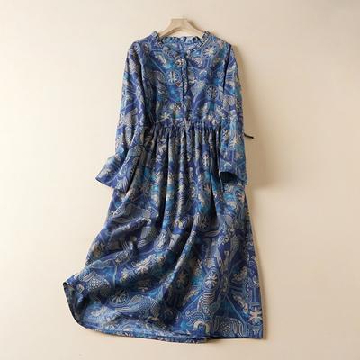Vestido de Outono Solto Plus Size Estampado Algodão Linho Manga Longa para Vestidos de Comprimento Médio a Longo Femininos