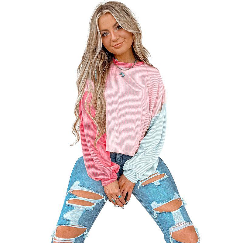 

European and American Leisure Loose Meat Covering Hoodless Hoodie Women 2025 Winter New Color Matching Drop Shoulder Knitted Long sleeve Top Women Pink P1022 S code fits (45.00 kg-55.00 kg