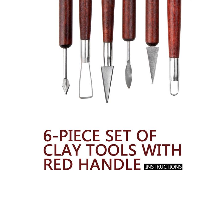 6-Piece Pottery Clay Tool Set: Double-Headed Lace and Sculpture Knives with Red Wood Handles