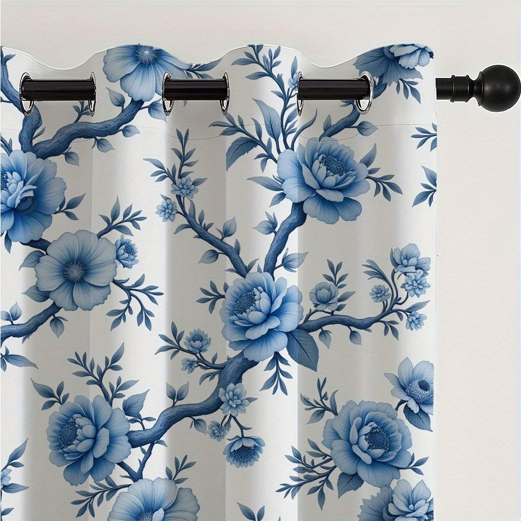 Blue Floral Branch Pattern Curtains Polyester Fabric Suitable Bedroom Living Room Decoration Set Of 2 Made Machine Washable Sitting Decor