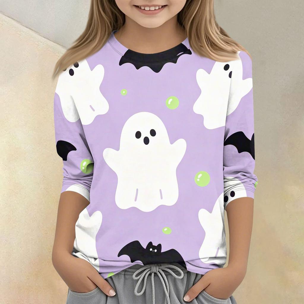 Kids Halloween Print Crew Neck Three Quarter Sleeve Casual T Shirt Top Boys Girls Comfortable Fit Soft Fabric Seasonal Wear
