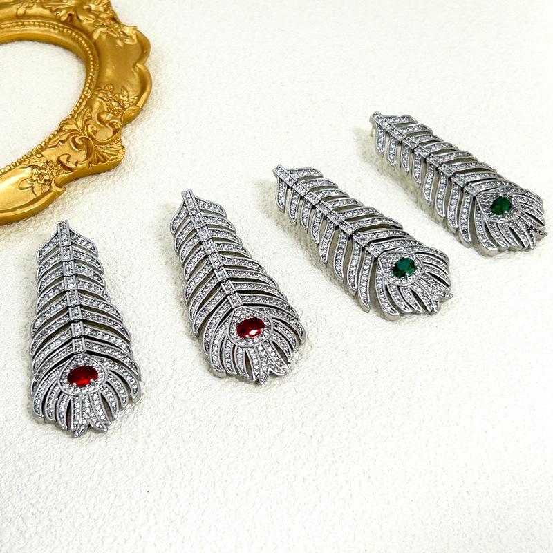 Manufacturer'S Supply Spring Retro Exquisite Feather Styling Brooch Slightly Inlaid With Zircon Exaggerated Earrings In Stock
