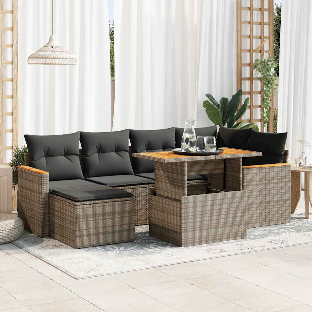 Vidaxl 7-Cz. Furniture Set With Cushions, Grey, Poly Rattan and Acacia