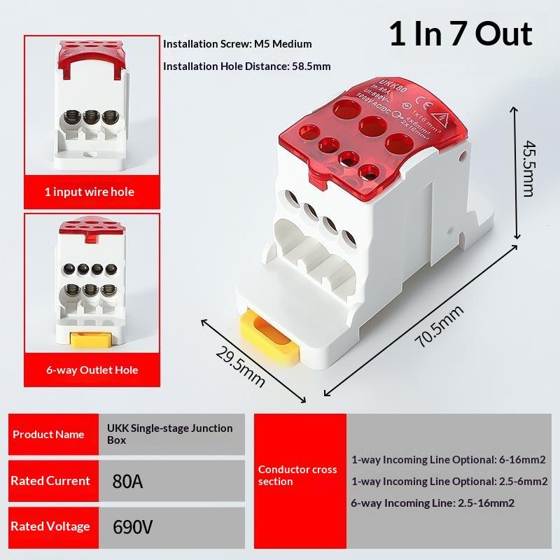 Ukk Din Rail Terminal Block Power Distribution Box 80A 1 In 7 Out Terminal Block Electrical Wire Junction Box