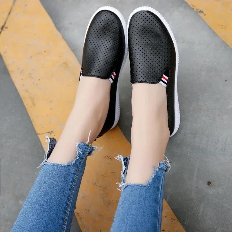 White Flats Cut-Out Woman Loafers Leather Slip On Shoes Low Heels Casual Shoes Espadrilles Ladies Shoes Women Sneakers