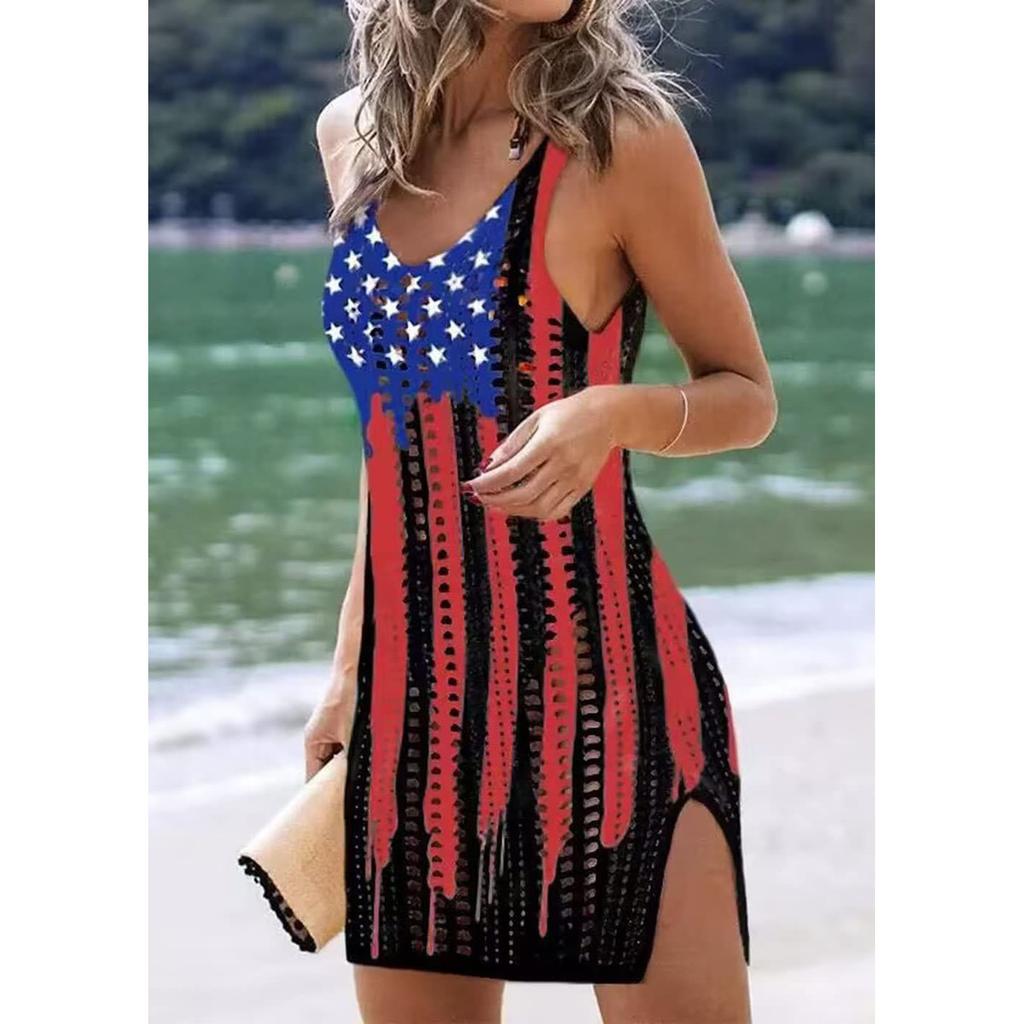 Women Knit Beach Dress Bikini Cover Ups Summer Hollow Out Sleeveless Short Dresses Sexy See Through Swimwear Cover-ups