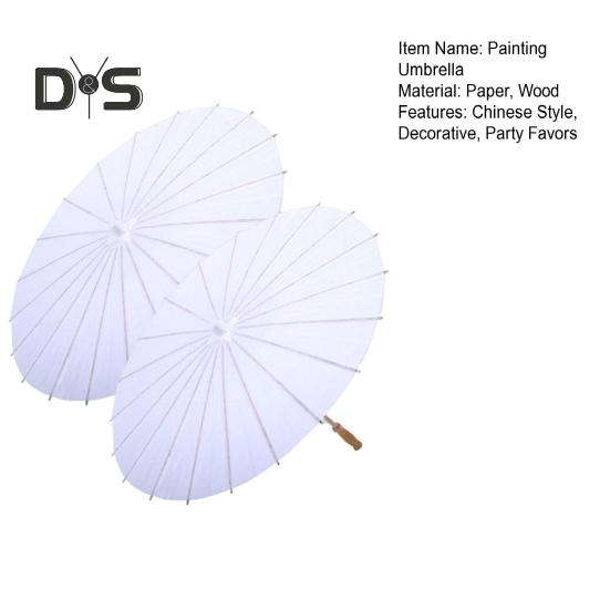 2Pcs White Paper Umbrella Chinese Style DIY Crafts Decorative Oil-paper Painting Umbrella Wooden Handle Oriental Parasol Party Favors