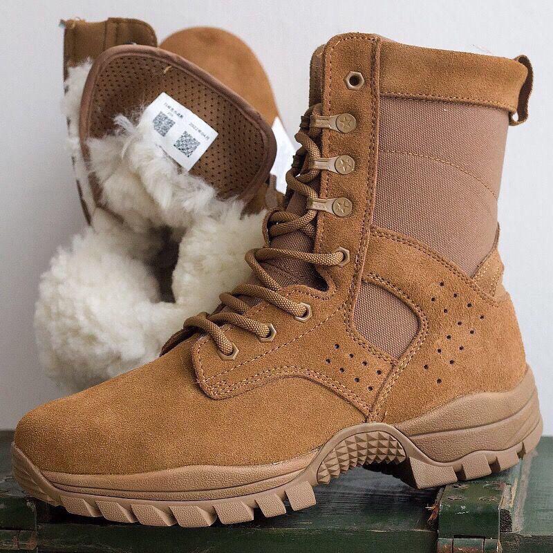 

New brown wool combat training shoes side zipper thickened warm winter snow boots non-slip lightweight cold boots 46