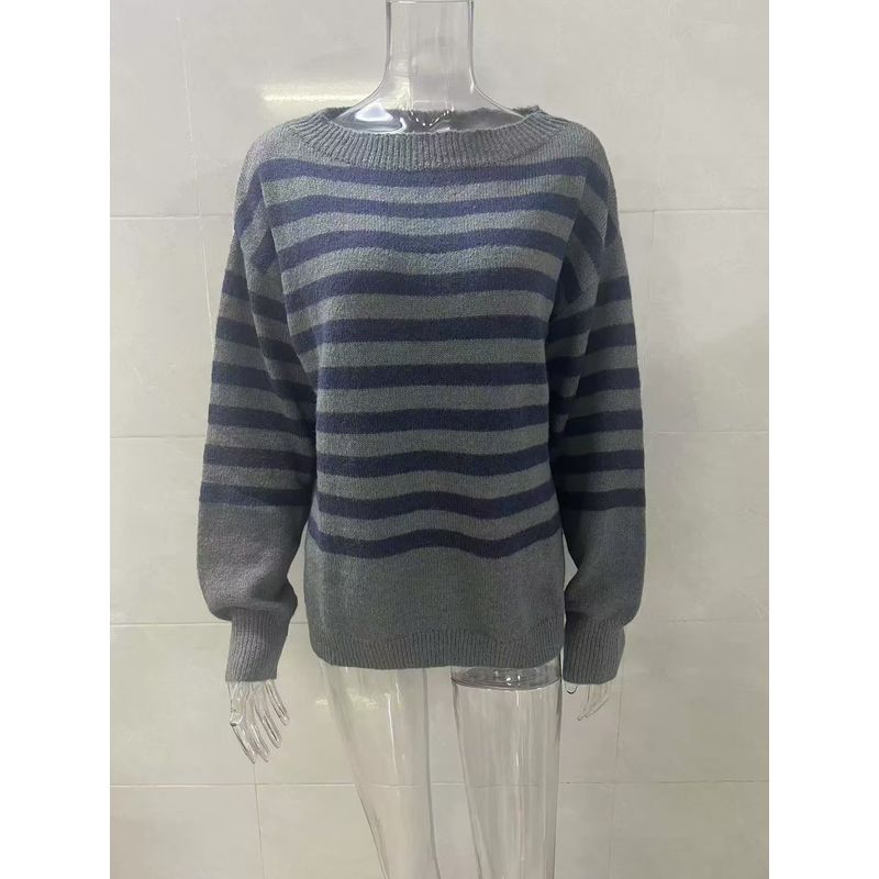 

European and American New Knit Casual Loose Striped sweater Knitted Loose Striped Sweater Gray M