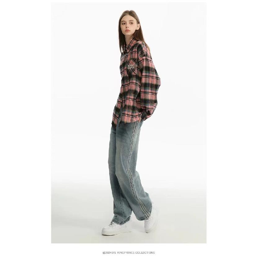 Early Spring American Retro Black Pink Plaid Shirt Coat Female Spring and Autumn Male Potato Starch Plaid Long Sleeve Shirt Male Pink Grid