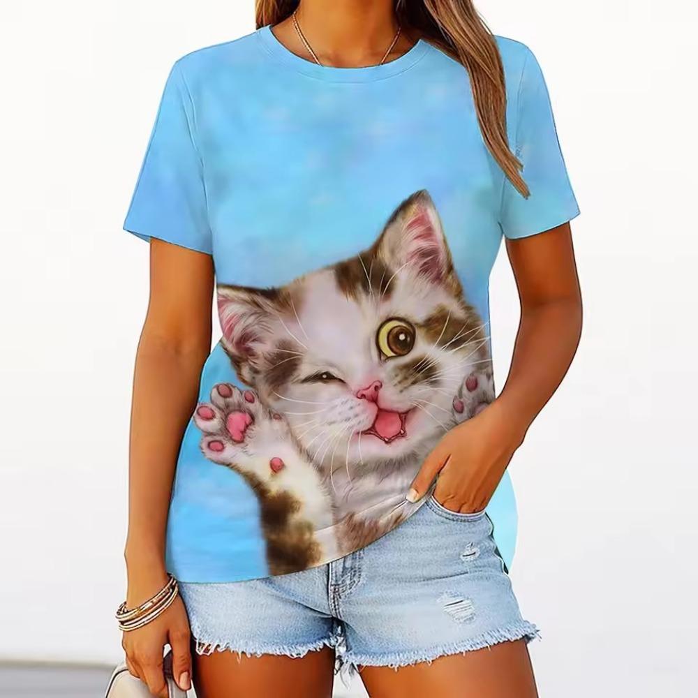 Women's round neck T-shirt Summer casual fashion short-sleeved top 3D cat print animal pattern Large Size Women's Clothing