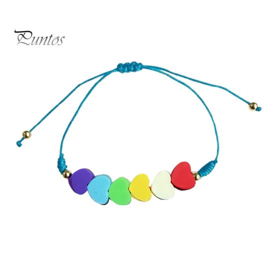 Cute Layered Cord Jewelry Colorful Hearts Bracelet, Handmade Braided String Adjustable Travel Vacation Wrist Accessory Heart Shaped Clay Beads