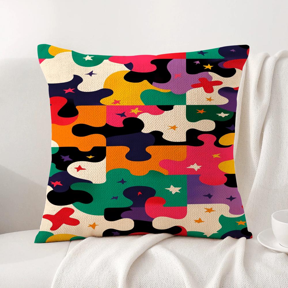 Fun Puzzle Patterns Cushion Cover Natural Linen Organic Fabric DoubleSided Printing Sofa Home Decor Gift Pillow Cover