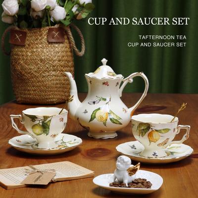 Kaffeetasse und Untertasse aus europäischer Keramik, elegantes Zitronenmuster, Teekanne im europäischen Stil, Kaffeebecher mit Dessertlöffel, Geschenk für Mama