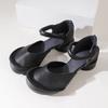 Fashion GKTINOO Genuine Leather High Heel Shoes For Women Round Toe Luxury Designers Hook-Loop Thick Heel Black Leisure Ladies Sandals