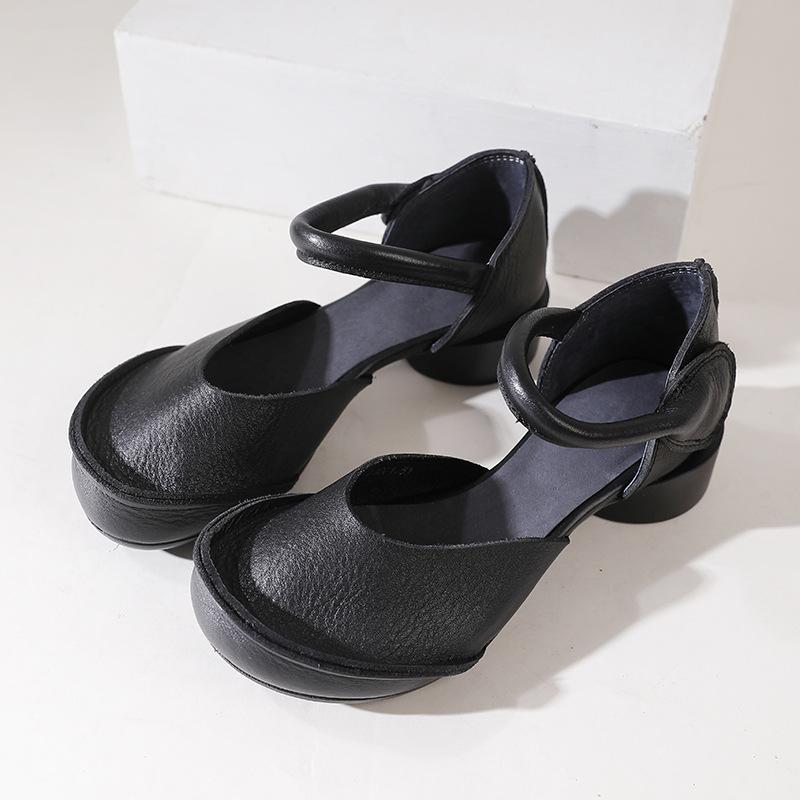 Fashion GKTINOO Genuine Leather High Heel Shoes For Women Round Toe Luxury Designers Hook-Loop Thick Heel Black Leisure Ladies Sandals
