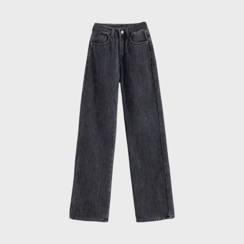 Women's High-Waist Plush Jeans: Korean-Style, Hip-Covering, Loose, Wide-Leg, Thick, Warm, Perfect for Autumn and Winter.