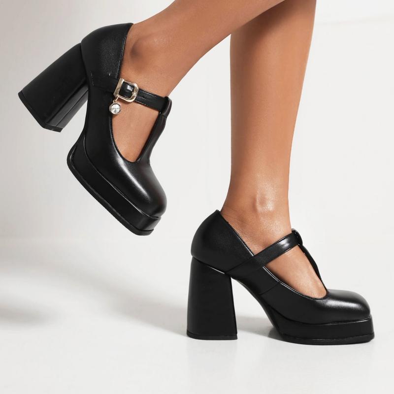 Classic Block High Heels Platform Shoes Girls Black White Women's Heeled 2024 New T-strap Spring Pumps Wedding Party Dance Shoes