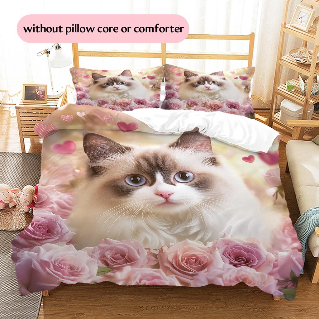 Ragdoll Cat and Fresh Flowers Pattern Bedding Home Decoration Birthday Gift (1 * Duvet Cover + 2 * Pillowcase, Without Core)