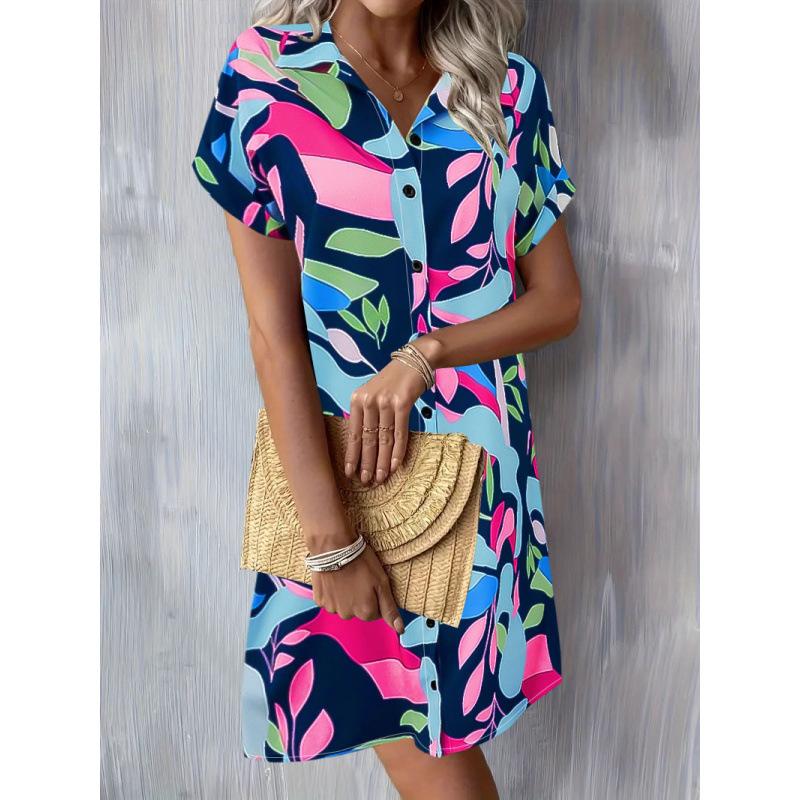2025 Amazon cross-border summer new fashion temperament commuter short sleeve printed shirt button dress women's clothing