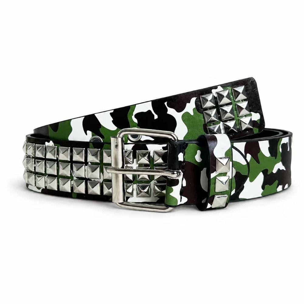 Metal Alloy Buckle Studded PU Belt Camo Print Punk Street Belt Hip Hop Waist Belt  Street Outfit