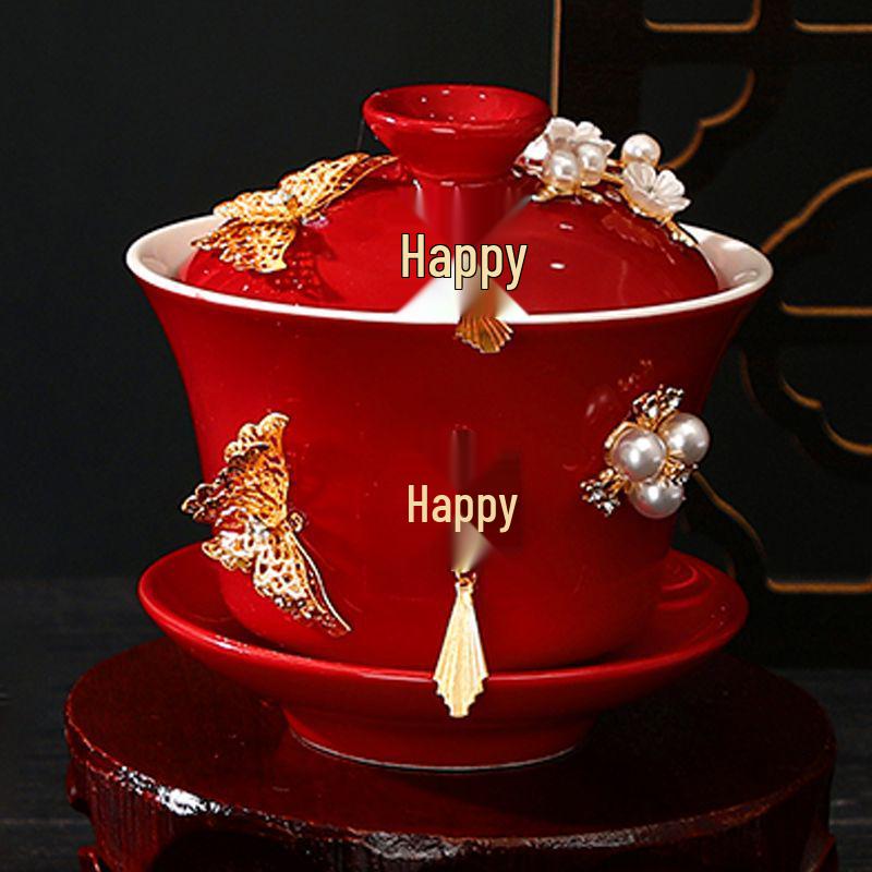 Double Happiness Butterfly Love Teacup Set: Wedding Bowls, Red Tea Set, Chopstick Pair, Dowry Gift