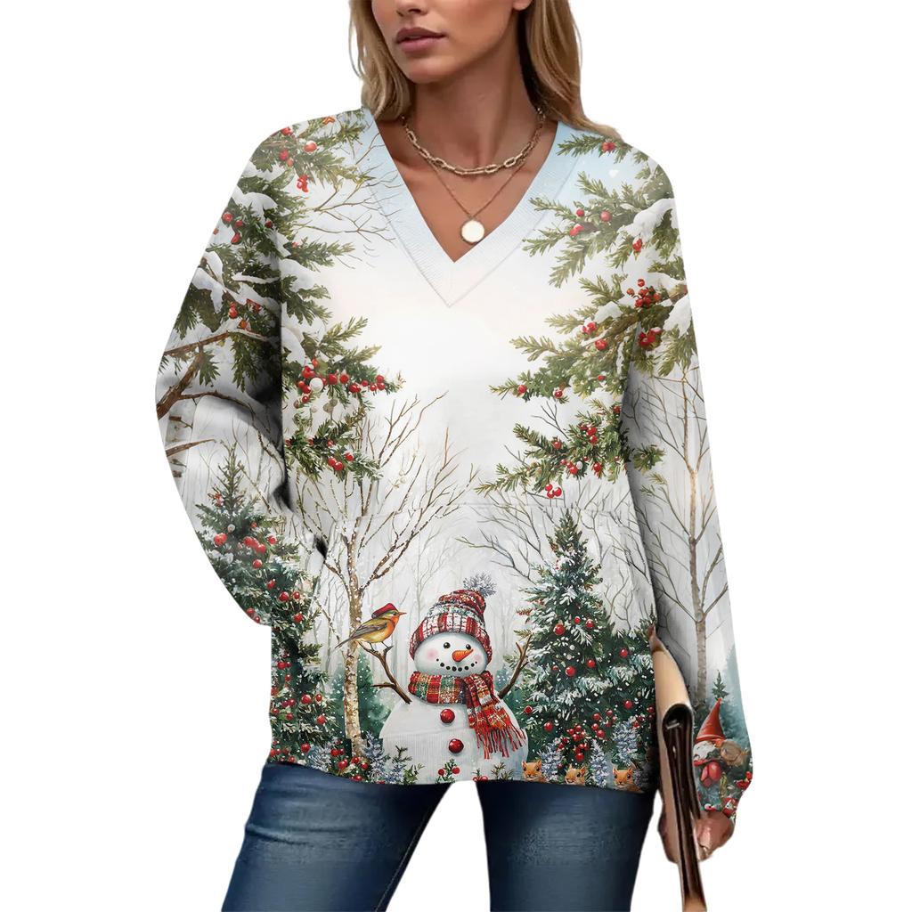 Women's Casual And Fashionable Christmas Print Long-Sleeved Top