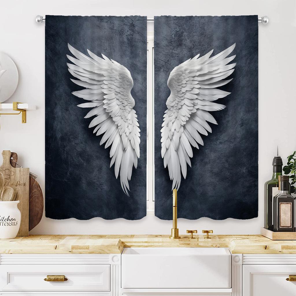 2pcs Set Glam Style Semi-Sheer Curtains   White Angel Wings Print on Deep Blue Textured Background   Polyester    Machine Washa