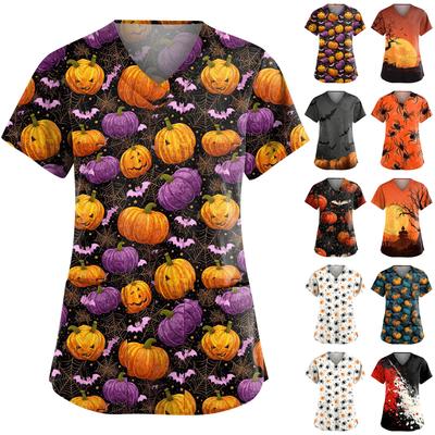 Women's Fashion V-Neck Short Sleeve Overalls With Pockets Halloween Printed Tops  Apparel
