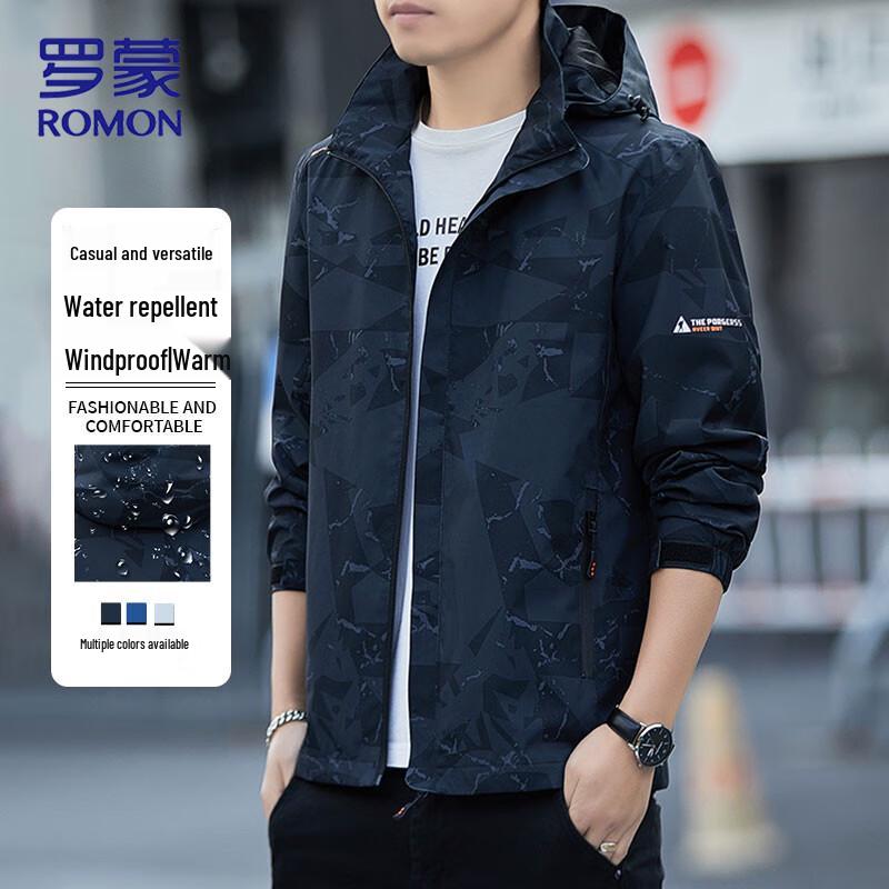 

ROMON Men s Autumn Hooded Print Windbreaker Jacket 5XL