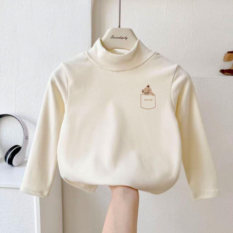 Kids' Thermal Plush High-Collar Base Layer Long Sleeve Top - Korean Style, Unisex for Boys & Girls, Autumn/Winter 2025.