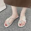 Fashion Summer Flat Slippers Women Fashion Round Head Crystal Flower Set Toe Soft Sole Anti-slip Wear-resistant Sandals
