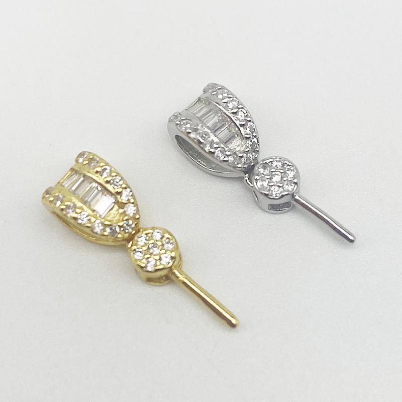 Yansheng S925 Sterling Silver Pearl Pendant Clasp with Inlaid Rhinestones and Square Stone for DIY Necklaces.