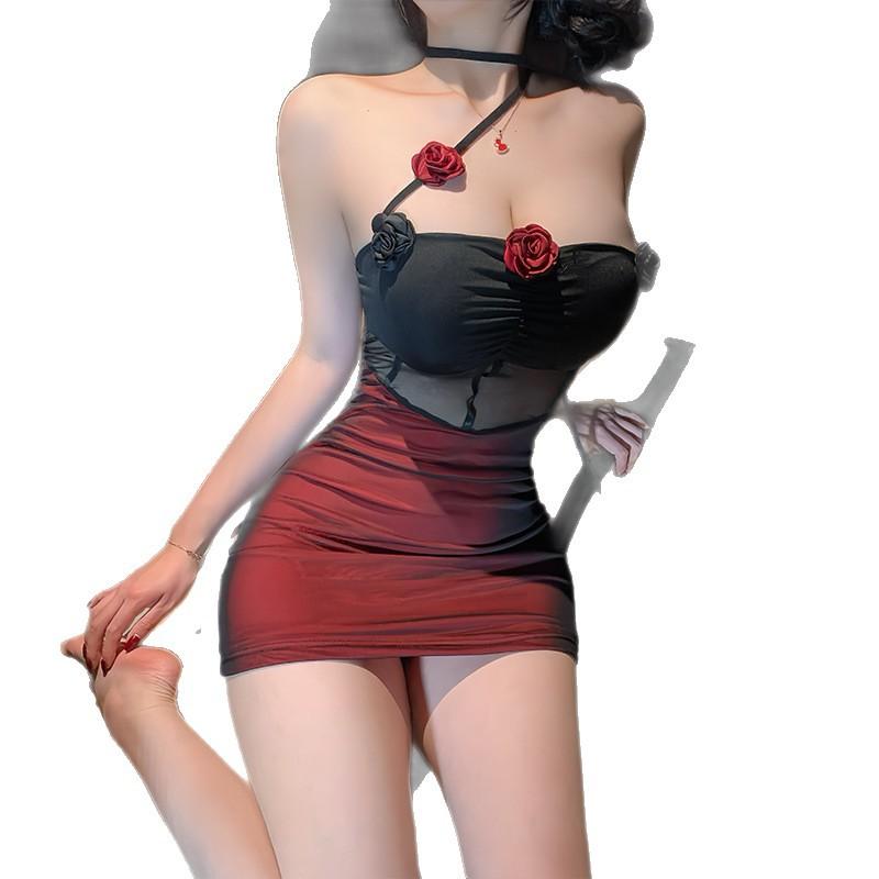 Sexy three-dimensional rose double-layer mesh splicing tube top skirt women's hollow secretary hip skirt Spice girl slim nightdress