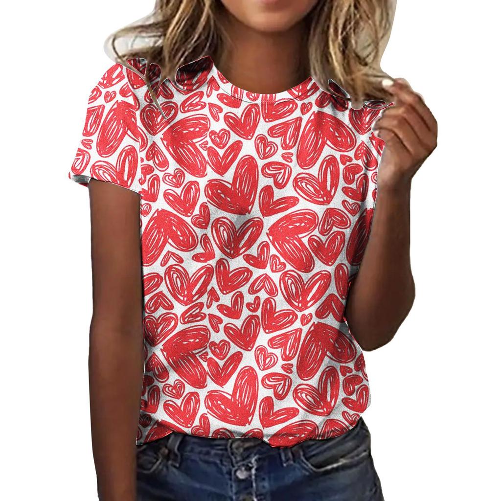 Summer Round Neck 3D Love Flower Print Top Fashionable Casual Short Sleeved Women's T-shirts
