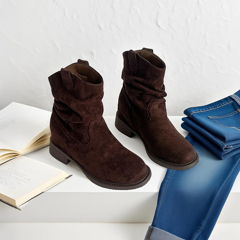 

Fashion Luxury Women Pleated High Heeled Ankle Boots Autumn New Pointed Toe Brown Cowboy Boots Woman Pu Leather Botas Shoes 35