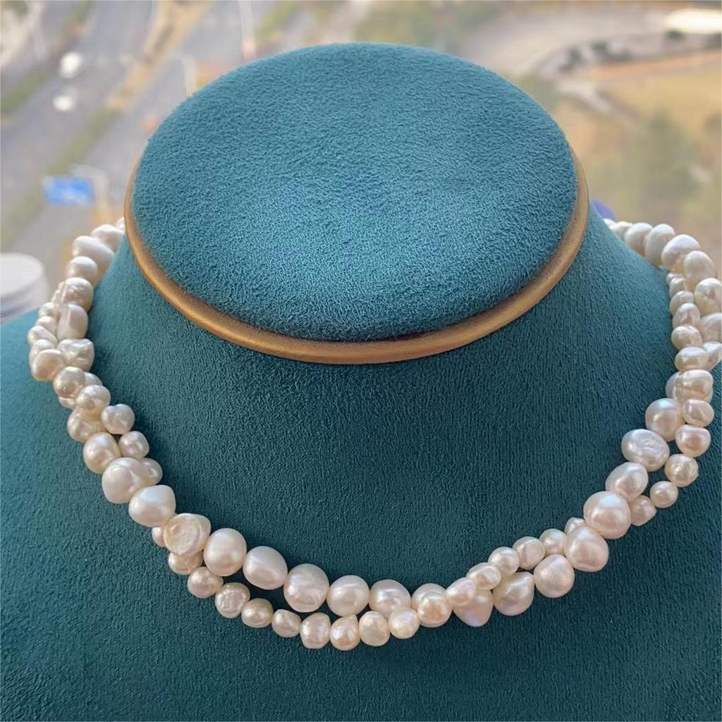 HENGSHENG Baroque Freshwater 5-6mm 8-9mm White Pearl Double Necklace 925 Silver Trendy Jewelry Gift for Women Girls