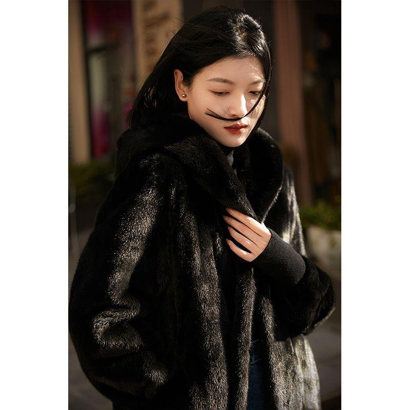 Autumn and Winter New Imitation Mink Fur Coat Women's Hooded Medium and Long Imitation European Mink Fur Coat Light