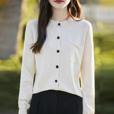 Autumn and Winter Top Rolled Edge Pocket Pure Cotton Sweater Round Neck Long Sleeve Korean Cardigan Women's Style